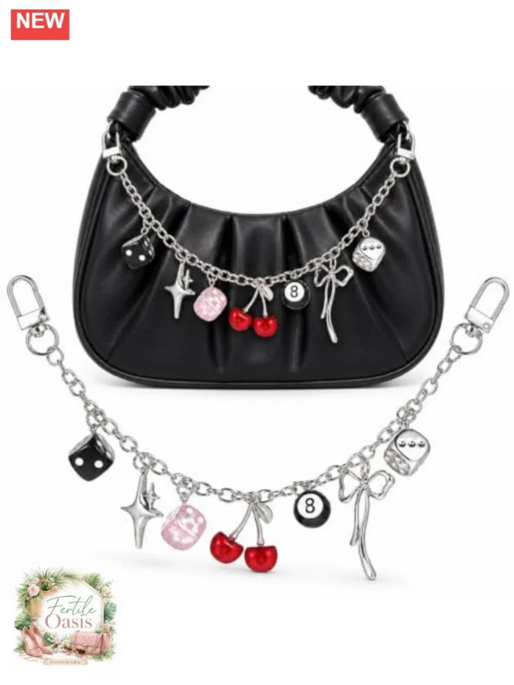 Y2K 8 Ball Bag Charm Pendant with Dice Star Bow - Silver Zinc Alloy Purse Charm